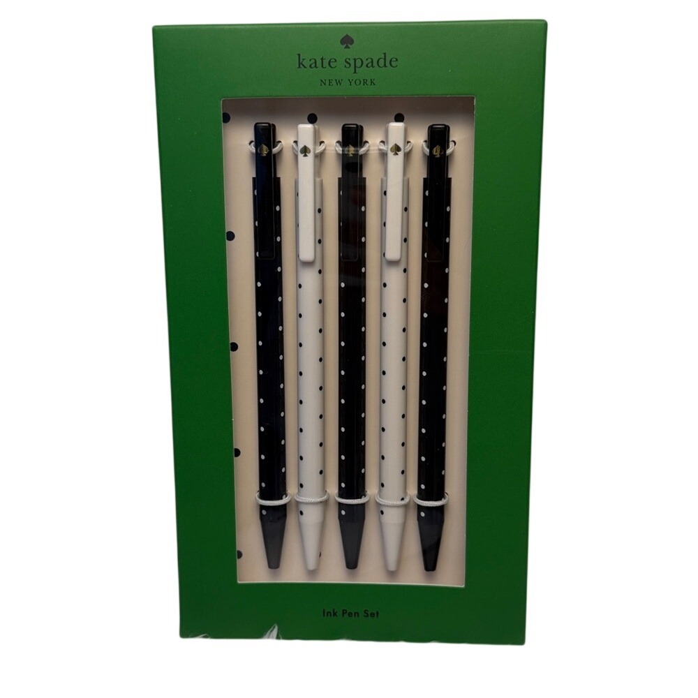 Kate Spade New York Ink Pen Set 5 Pack Black White Polka Dot Gold Spade Logo NIB
